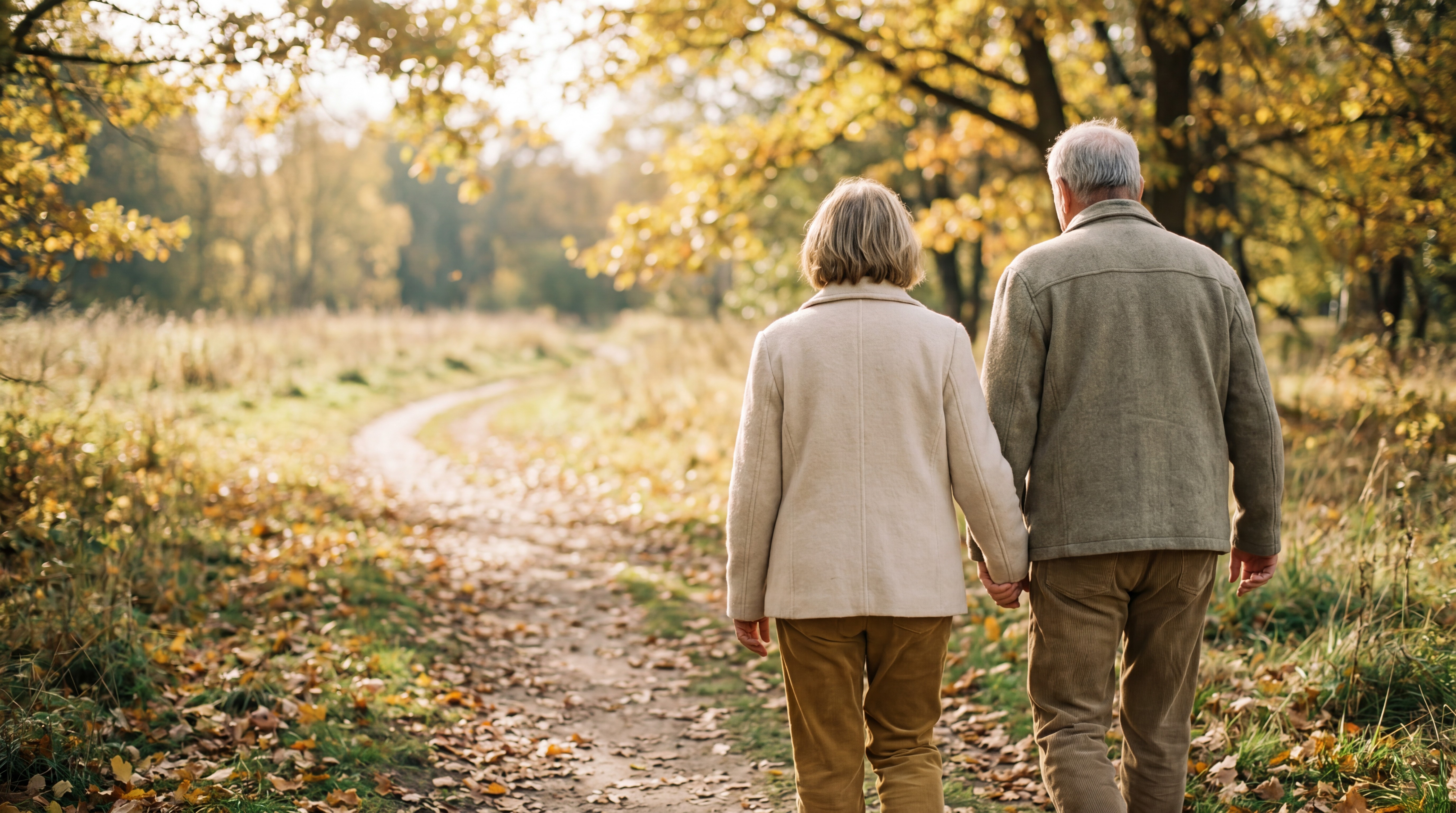 An older couple walking together on an autumn path