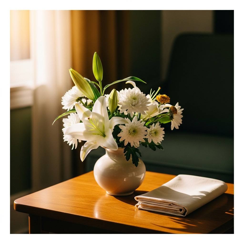 A small white-floral remembrance arrangement on a warm wooden table